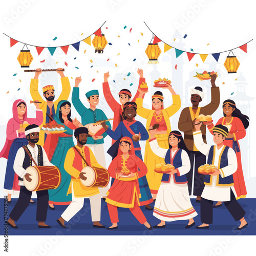 Diverse multicultural group of people in traditional clothing celebrating a festival with music, dance, and food.