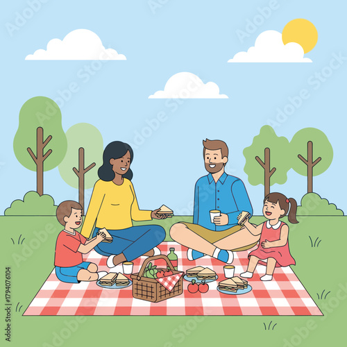 Happy diverse family enjoying a picnic lunch together on a checkered blanket in a sunny park.