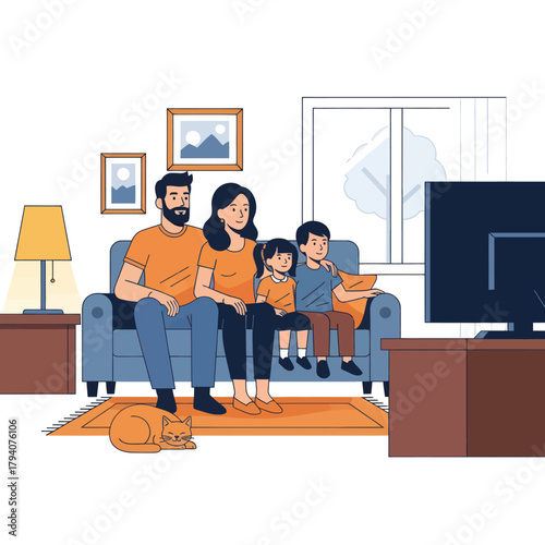 Happy family with two children and a cat watching television together on a sofa in a cozy living room illustration.