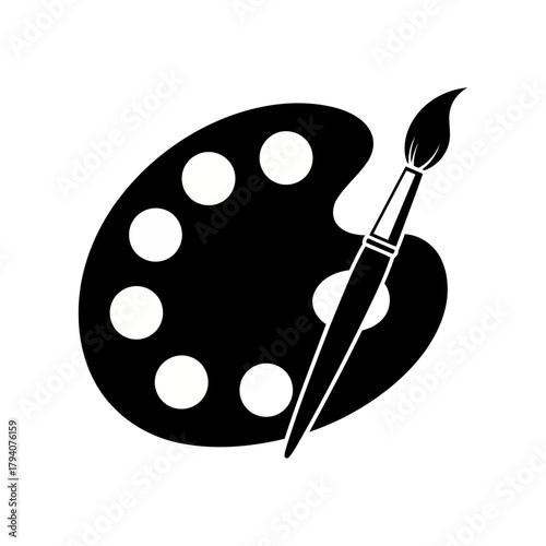 A black and white illustration of an artists paint palette with a brush