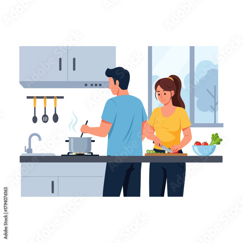 Happy young couple cooking a healthy meal together in a modern kitchen illustration.