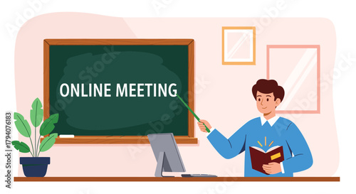 A man conducts an online meeting or virtual class, presenting information on a blackboard that reads "ONLINE MEETING" from his home office.