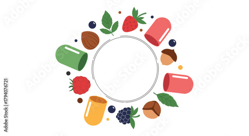 Natural ingredients such as fruits and nuts with supplement capsule halves arranged in a circle, representing healthy nutrition and herbal medicine.