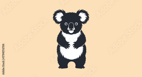 A cute cartoon koala with black fur and white belly stands smiling on a plain beige background, representing Australian wildlife.