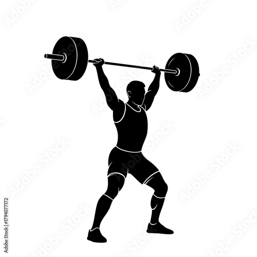 Silhouette of a weightlifter performing a clean and jerk lift