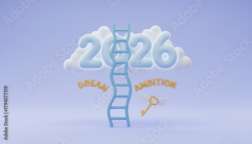 2026 cloud ladder concept, dream ambition mood, pastel minimal scene, hopeful vibe