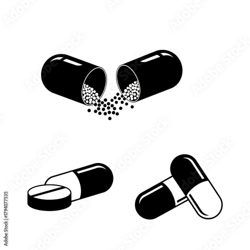 Set of black and white medical pills and capsules