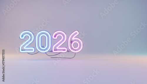 Neon 2026 sign, glowing pastel light, modern minimal backdrop, futuristic vibe