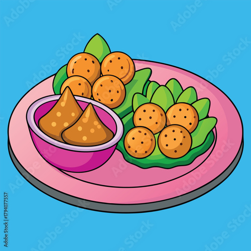 A delightful cartoon illustration of a pink plate filled with golden brown fried snacks possibly falafel or meatballs served on vibrant green lettuce leaves with a small pink bowl of dipping sauce