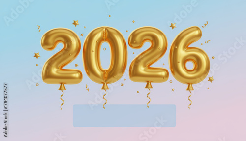 Golden number balloon 2026 celebration, festive party decoration with confetti and stars