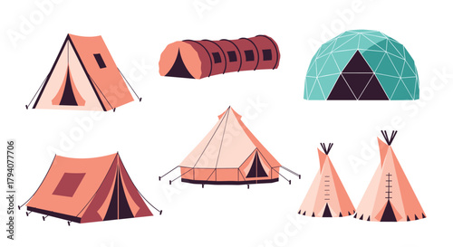 Flat vector illustration set of different camping tent styles, such as A-frame, tunnel, bell, dome, and teepee, on a white background.