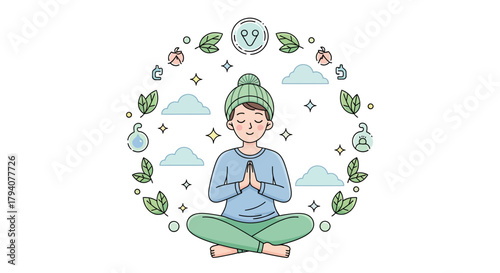 A serene person meditates peacefully in a lotus position surrounded by natural and wellness elements.