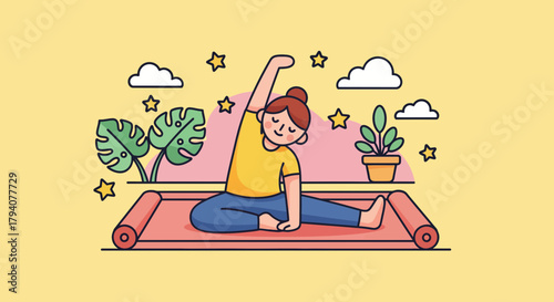 A woman practices yoga on a mat surrounded by plants and stars for a peaceful exercise