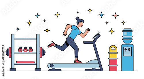 A happy woman exercises on a treadmill in a vibrant gym with weights and a water cooler.