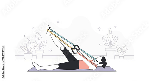 Woman performing leg exercises with resistance bands on a yoga mat indoors.