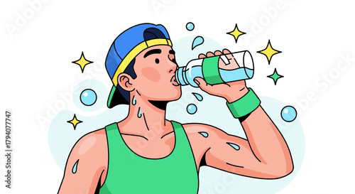 Young man in a cap hydrating by drinking water from a bottle after physical activity