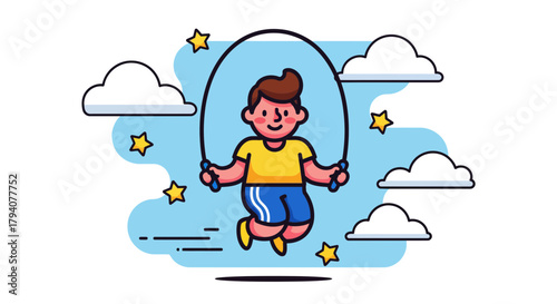 A cheerful cartoon boy enjoys jumping rope amidst fluffy clouds and sparkling stars.