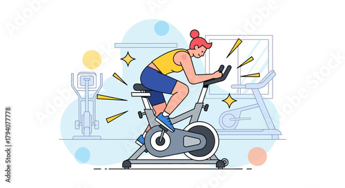 A woman exercises diligently on a stationary spin bike in a vibrant gym setting.