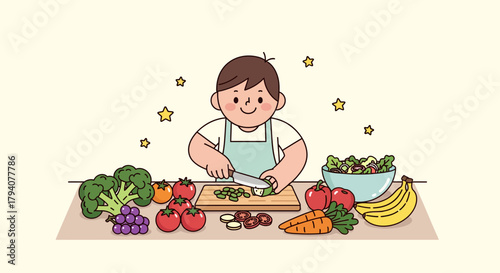 A smiling person in an apron prepares fresh vegetables for a nutritious salad.
