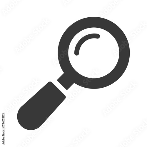 A simple, bold, dark gray icon of a magnifying glass, representing search, research, or discovery, isolated on a
