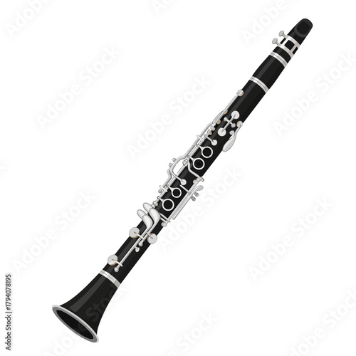 A black clarinet with silver keys, isolated on a, a musical instrument for orchestral performance