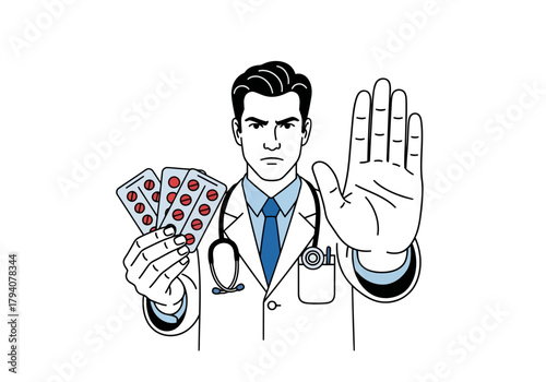 Doctor holding pills and showing stop hand gesture