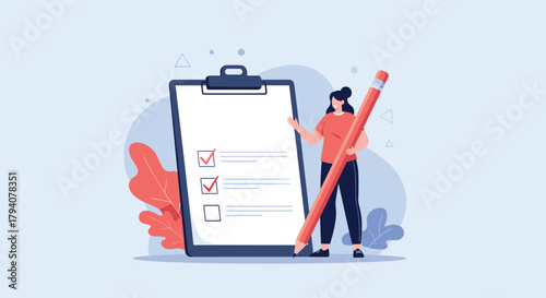 Illustration of a woman checking off tasks on an oversized clipboard with a large pencil, representing organization and achievement.