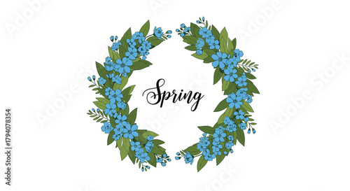 Decorative spring wreath featuring vibrant blue flowers and fresh green leaves, with \.