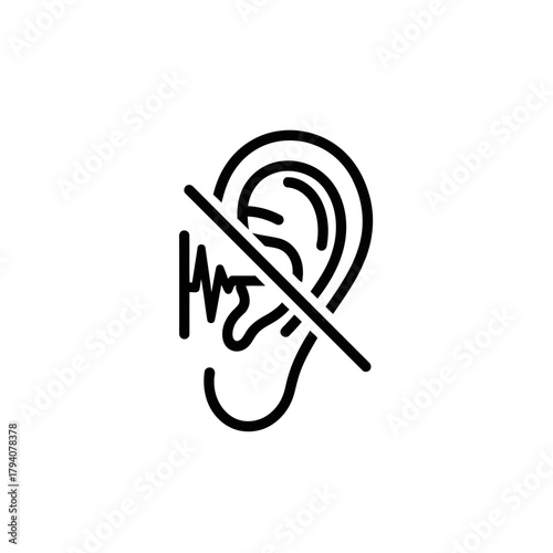 Icon of an ear with a sound wave and a diagonal line through it, indicating no sound or silence