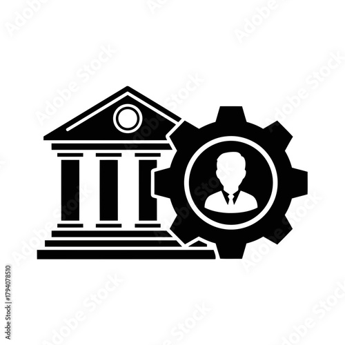 Black and white icon representing a bank building with a gear and a person silhouette inside, symbolizing financial management or banking operations