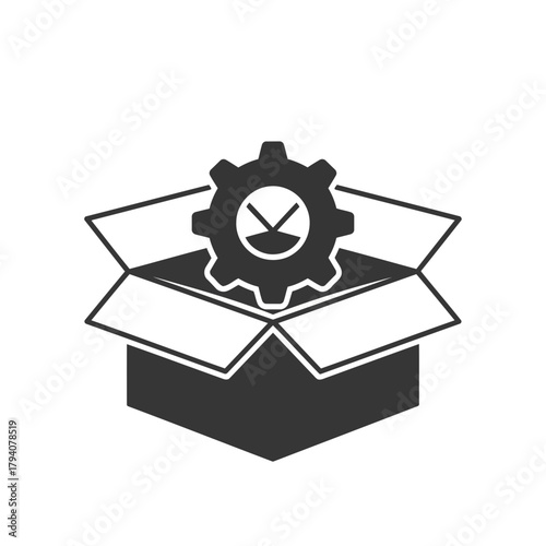 Black and white icon of an open box with a gear inside, symbolizing product launch, innovation, or a new idea emerging from a package