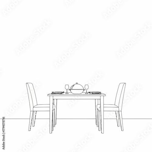 Table set for two with chairs, plates, glasses, and covered dish, romantic dinner setting