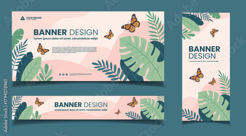 abstract background of leaf and butterfly arrangement banner template design