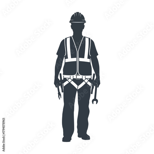 Silhouette of a construction worker wearing a hard hat and safety vest, holding tools