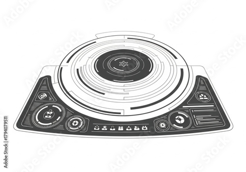 A detailed illustration of a futuristic control panel with circular displays and various interface elements.