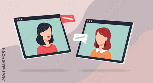 Two women engage in a virtual conversation through a video call interface, depicted with chat bubbles indicating active communication.