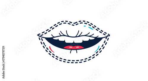 Modern and quirky illustration of red lips with a cheerful open-mouthed expression, detailed with a dashed cutting line.