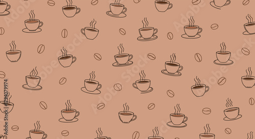 Hand-drawn seamless pattern featuring various steaming coffee cups and scattered coffee beans, creating a warm and inviting design.