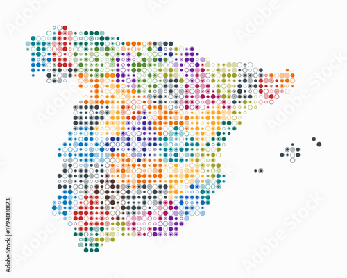 Spain, shape of the country build of colored cells. Digital style map of the Spain on white background. Small size circle blocks. Trending vector illustration.