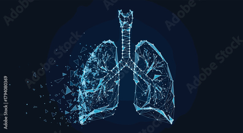 Digital representation of human lungs with one lung fragmenting into geometric particles, symbolizing lung health issues or data visualization.