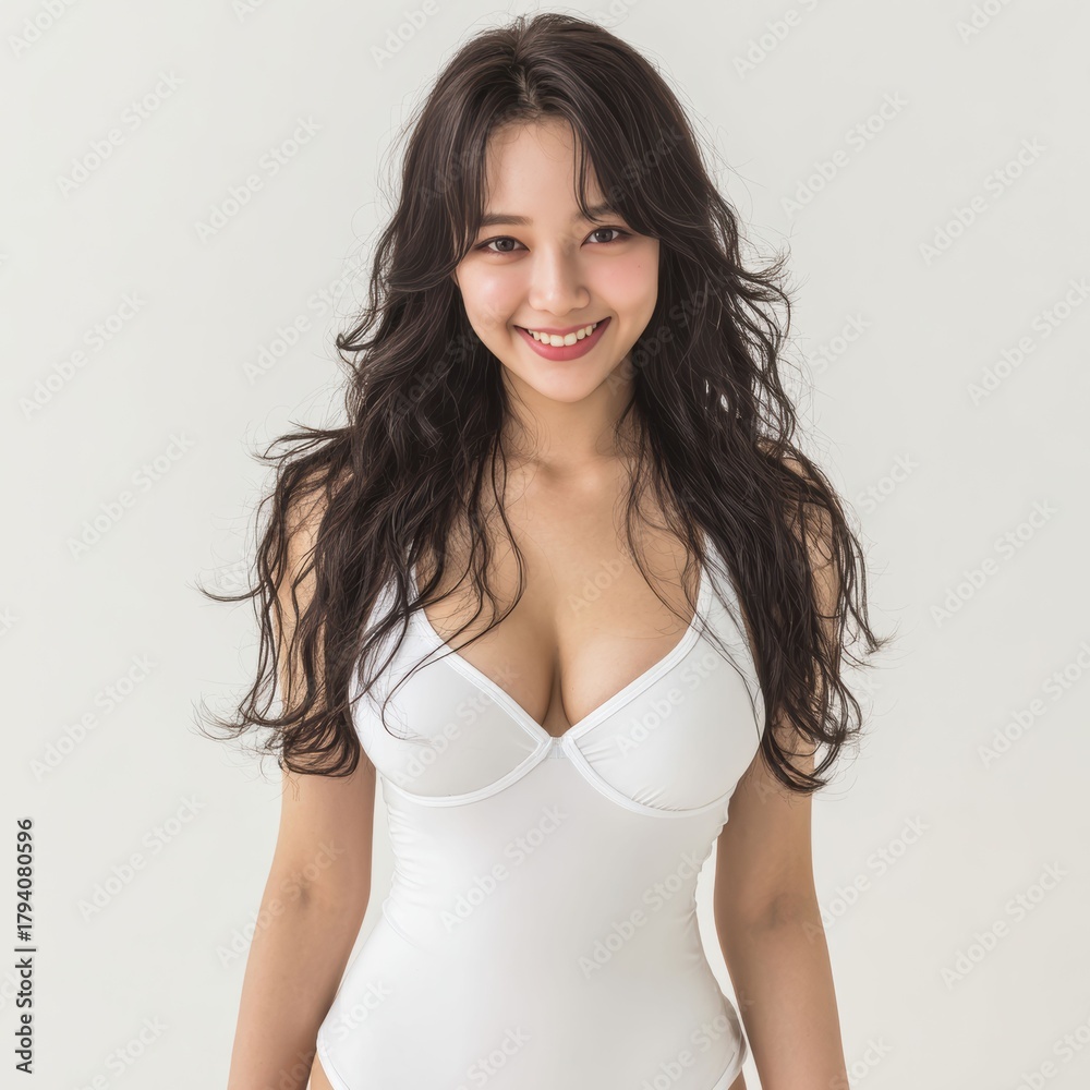 Fototapeta premium A Japanese woman in a simple white camisole showcases a clean, minimal style that feels both casual and effortlessly refined.