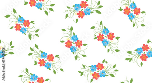 A delightful seamless floral pattern with scattered small bouquets of red and blue flowers and green leaves on a pristine white background.