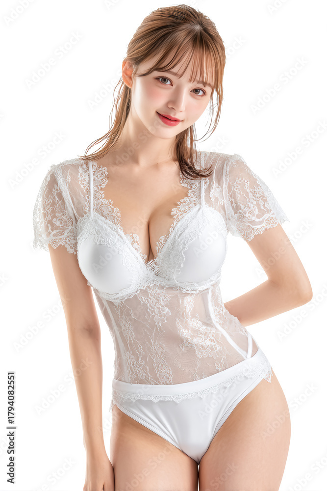 Obraz premium A beautiful Asian model with long hair and a sweet, subtle expression poses elegantly in a studio, capturing modern beauty for fashion and skincare themes.