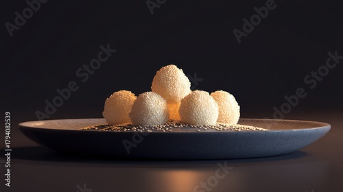 Close up of dessert balls arranged on a plate with seeds against dark backdrop