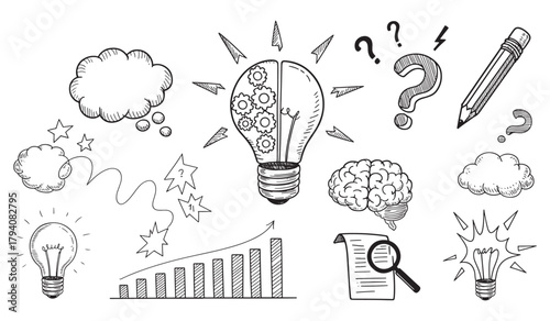 Hand-drawn set of creative idea doodles light bulb with gears brain and graph vector illustration for business and innovation concepts
