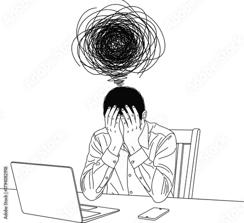 Vector Line Art Illustration of a Stressed Person with Hands on Face, Depicting Mental Burnout, Anxiety, and Overwhelming Thoughts While Working at a Laptop