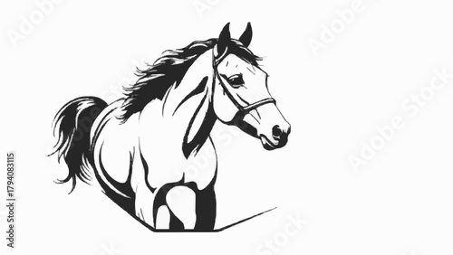 Black horse silhouette vector isolated on white with beautiful mane and eye, perfect for equestrian farm animal illustration
