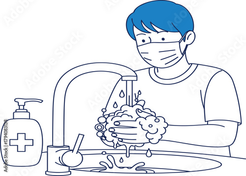 Vector Line Art Illustration of a Person in a Mask Washing Hands with Soap, Emphasizing Hygiene, Disease Prevention, and Public Health Guidelines During an Outbreak