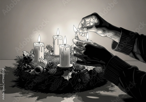 Black and white image of hands lighting candles on a Christmas Advent wreath.