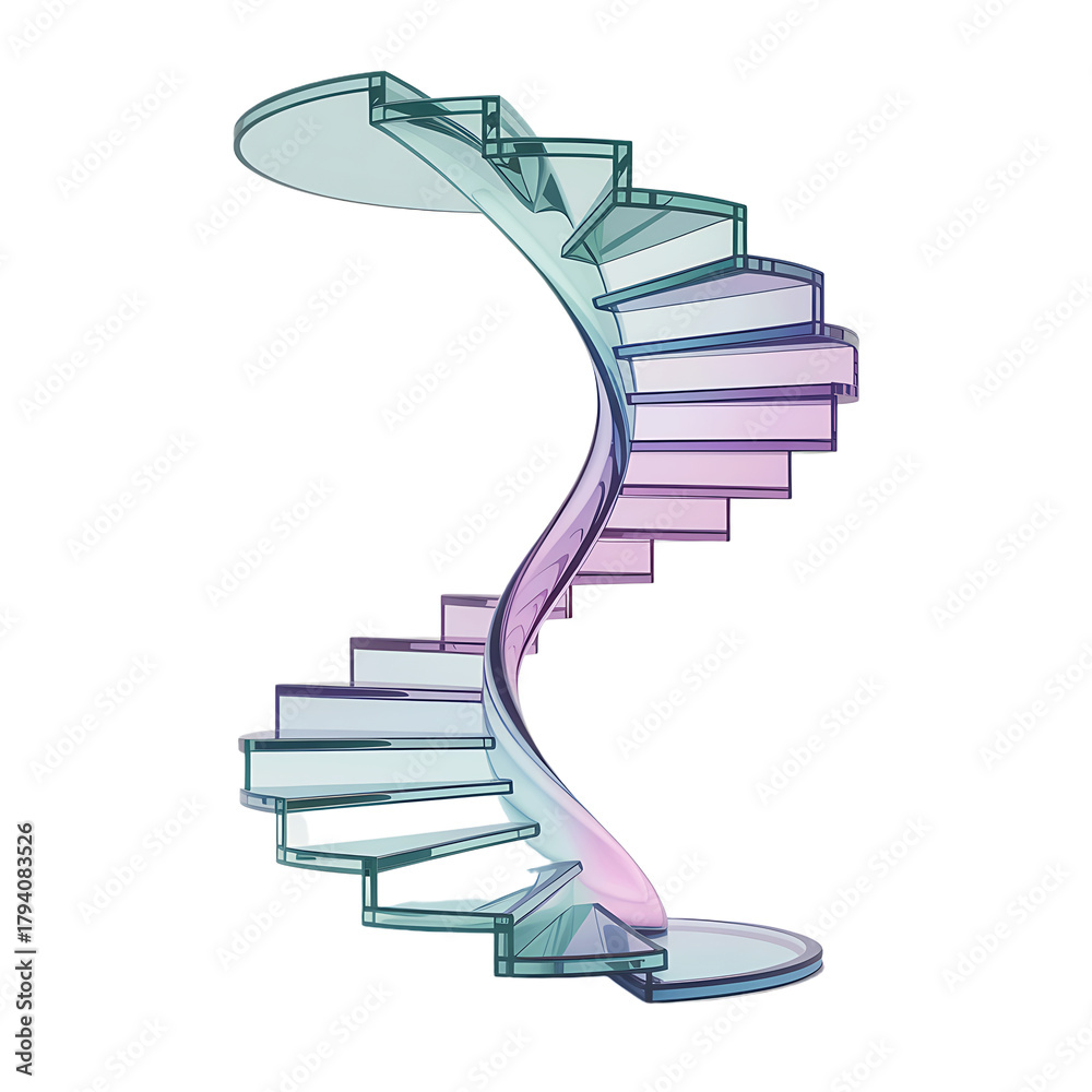 Obraz premium Abstract iridescent spiral staircase curving upwards with a futuristic design isolated on transparent background